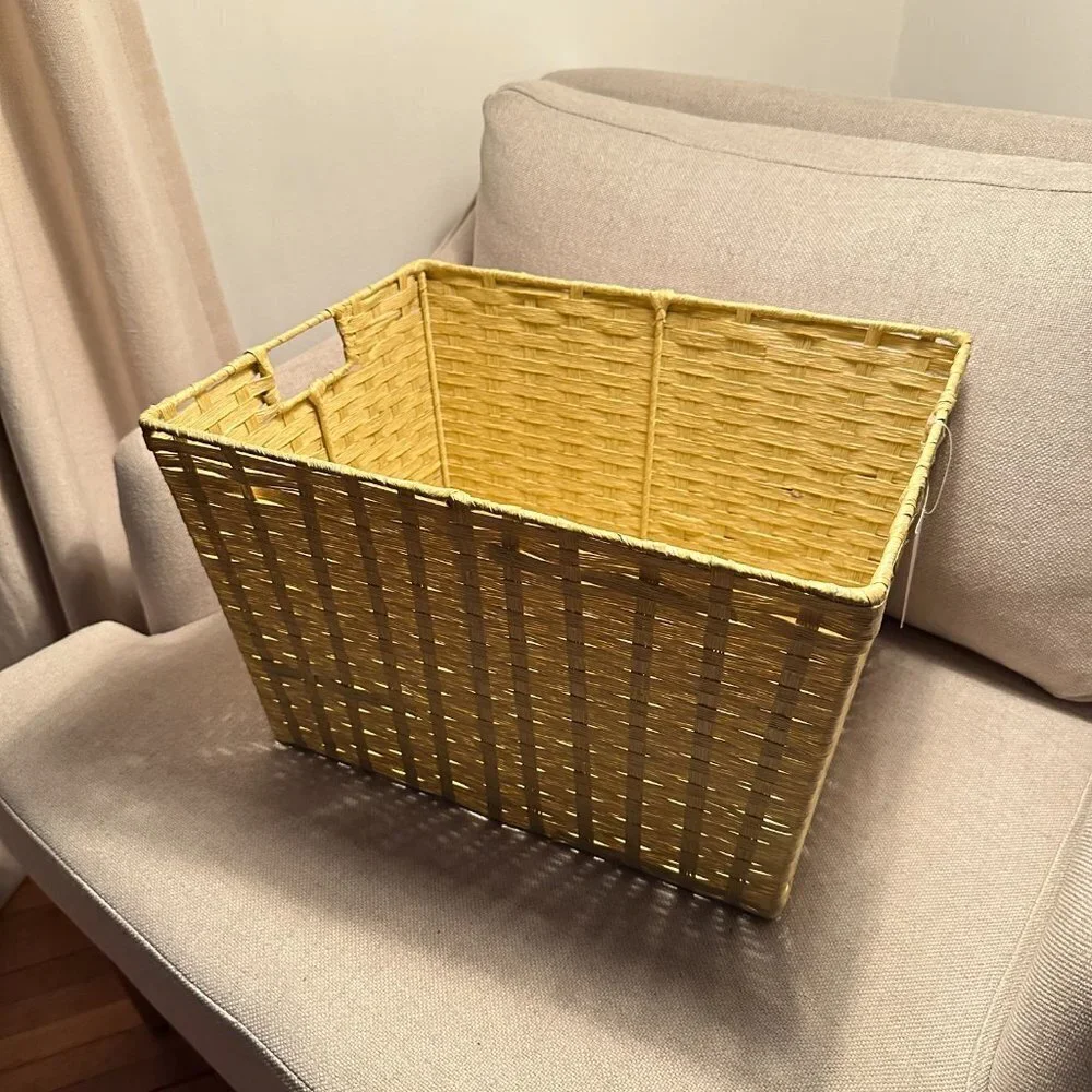 Yellow Woven Cord Tote Basket With Handles